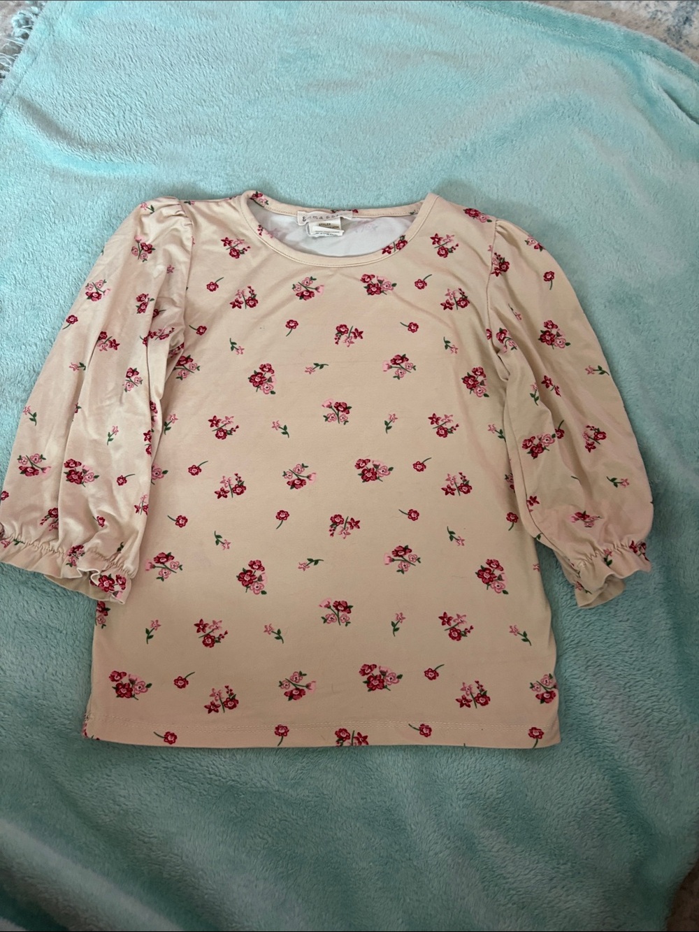 Girls Cream Floral Puff-Sleeve Top